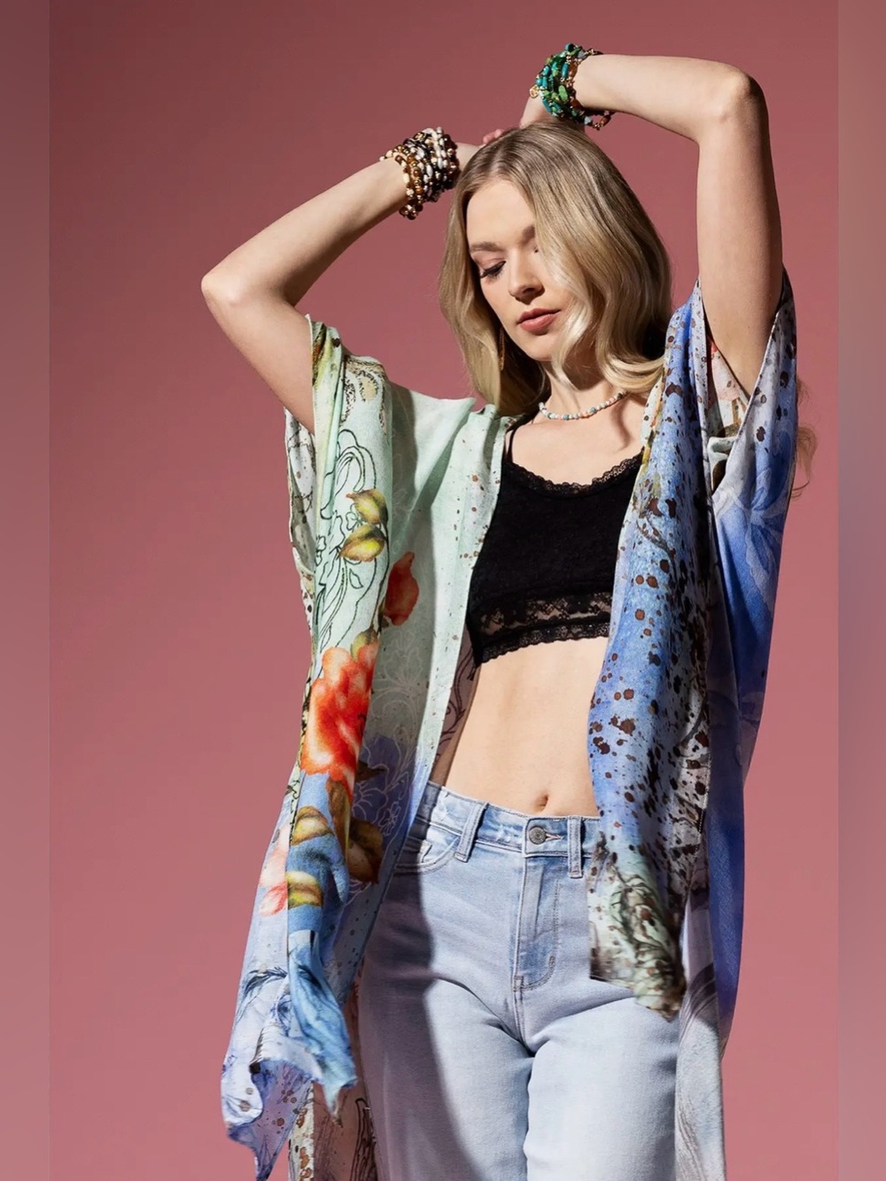 “Moonstone” Kimono | Watercolor Floral | Lightweight Boho Duster | One Size - Picture 3 of 7